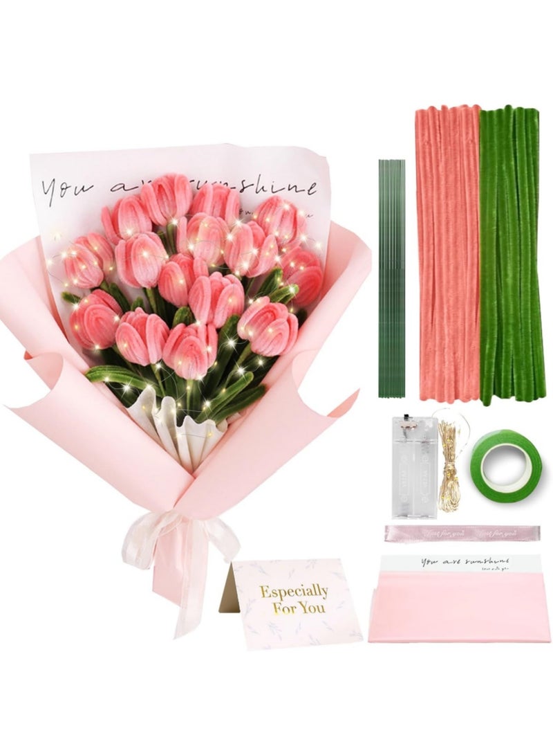 saykfoe Tulip Pipe Cleaners for Craft, 30cm Green and Pink Pipe Cleaners, Fuzzy Sticks Craft Supplies, Chenille Stems with Flower Pole, Flower Core & Gardening Tape, Arts & Crafts for DIY(16 Flowers) - Image 1